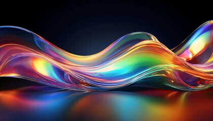transparent crystal glass wave with dynamic reflections and rainbow highlights on dark background transparent glassmorphism banner poster print design