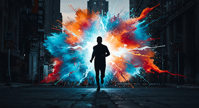 man running away from a big colorful explosion