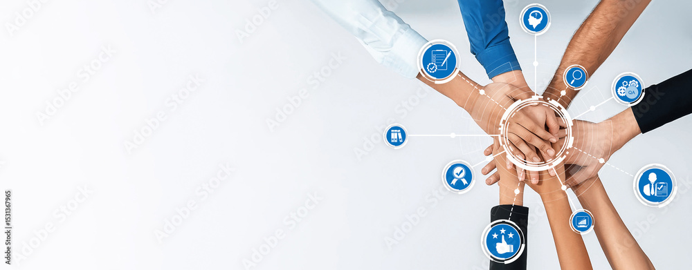 Poster a vibrant illustration showing diverse hands joining in unity, surrounded by circular icons symboliz