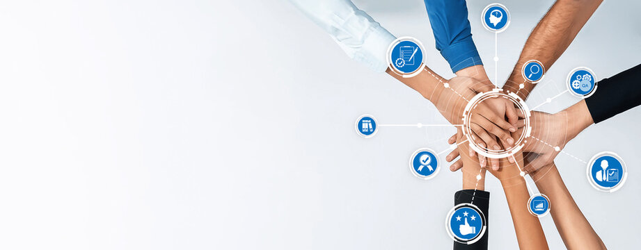 A vibrant illustration showing diverse hands joining in unity, surrounded by circular icons symbolizing collaboration, teamwork, and technology in a modern workspace. Amity