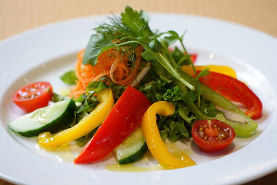 Fresh Vibrant Vegetable Salad with Red Yellow and Orange Bell Peppers Cucumber Cherry Tomatoes and Shredded Carrots on a White Plate Garnishing with Fresh Herbs