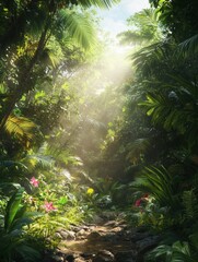 Naklejka premium Lush Tropical Rainforest Sunlight Streaming Through Canopy