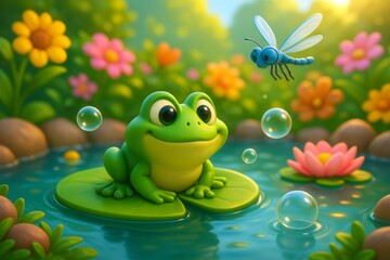 Cute cartoon frog sitting on lily pad with dragonfly flying nearby