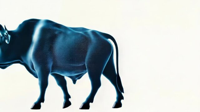 A bull stands in front of a stone or concrete wall, perhaps blocking the way or trying to get through