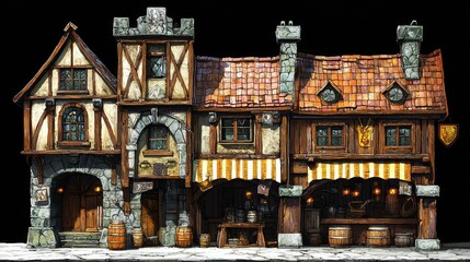 Medieval Fantasy Shop Fronts Digital Painting, Three-Building Composition, Rustic Architecture, Game Asset Fantasy Architecture, Digital Art
