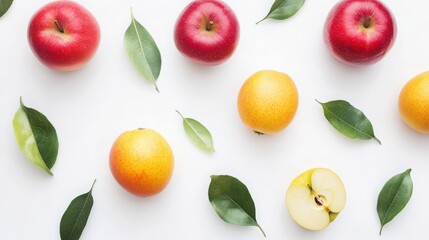 Flat lay composition of red and yellow apples with fresh green leaves on white