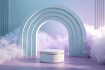 Elegant Round Podium Under Soft Arch with Dreamy Fog Minimal Pastel Stage for Product Display in Fantasy Setting