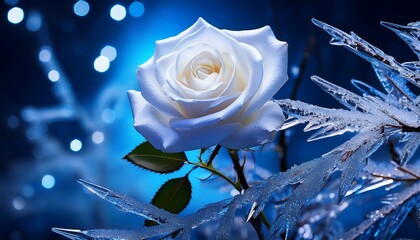 elegant white rose and ice crystals on branches with blue light
