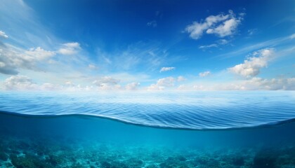 underwater sea surface and deep blue sea against blue sky and soft clouds summer background