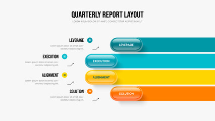 Creative Overview Four Option Diagram Frame Design. Consulting Insight 4 Step Infographic Presentation Template. Investor Solution Slideshow Layout Vector Illustration.