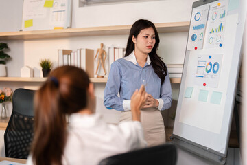 Business Presentation and Team Engagement. A woman looks concerned while presenting data insights.