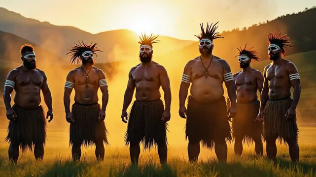 Group of six maori men in traditional attire standing against a sunset landscape. Indigenous culture and national heritage for Waitangi Day footage.