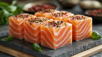 Cubes of seasoned salmon on slate