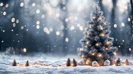 Winter Wonderland Christmas Tree Snowy Scene, Frosted Pine, Fairy Lights, Holiday Decor Christmas, Winter