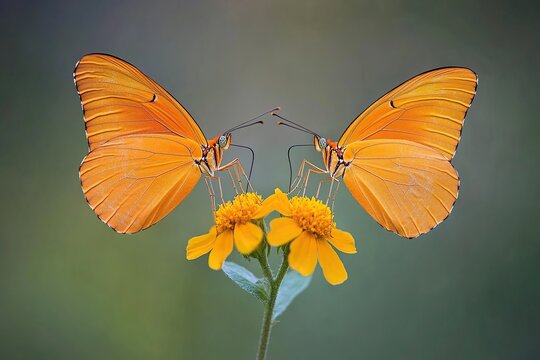 Activity of two orange butterflies on wild flowers in the meadow, close-up photo with focus on the butterflies