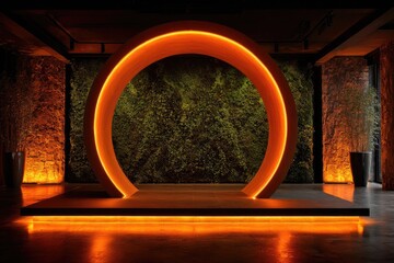 Circular orange archway, lit stage, mossy wall