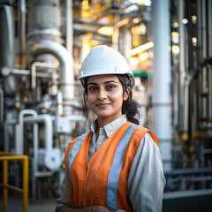 young indian engineer woman standing with white hat in factory
