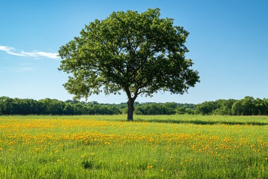 Solitary tree in a vibrant yellow flower field under a clear blue sky
