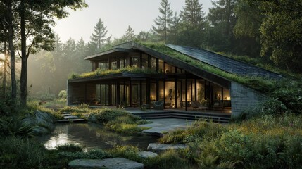Modern Green Roof House in Forest at Dawn