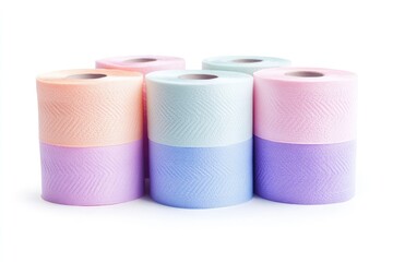 Five pastel-colored toilet paper rolls arranged in a row against a white background.  The rolls feature a patterned design in shades of peach, lavender, mint, and light purple