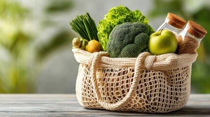 Eco-friendly Mesh Bag Filled with Fresh Vegetables and Grain Jars on Wood Surface