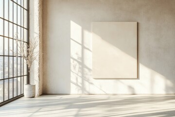 Empty beige room with large window. Sunlight casts shadows on wall