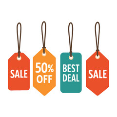 Four colorful sale tags with different offers hanging on strings