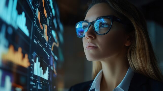 A woman examining data analysis displayed on a large screen