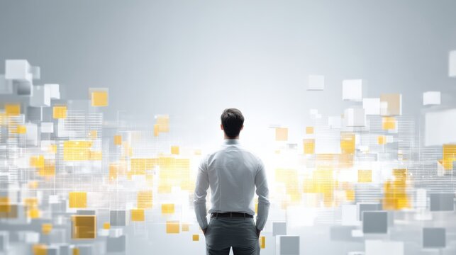 Businessman Facing Digital Abstract Background of Floating Cubes