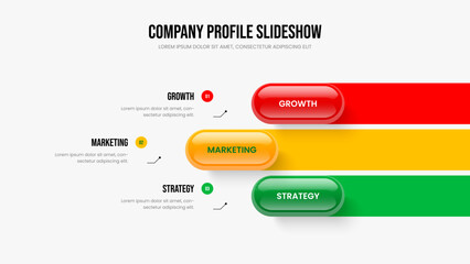 Creative Report Three Option Infographic Slide Template. Professional Performance Slideshow Design Vector Illustration. Visual Insight 3 Step Diagram Frame Layout.