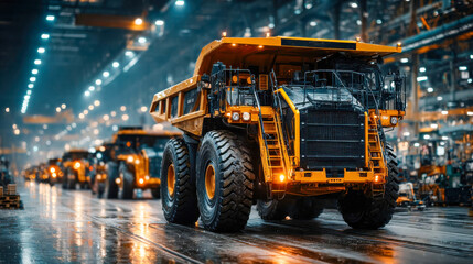 Naklejka premium Assembly line of large yellow dump trucks in a brightly lit industrial facility