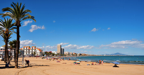 panoramic view of the beach, located on the Costa del Azahar The beach is characterized by fine golden sand Peniscola Spain