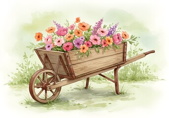 Vintage wheelbarrow used in home garden with colorful flowers