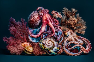 Naklejka premium Octopus coral and shell still life