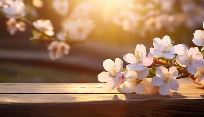 soft blossoms gracefully rest upon a rustic wooden surface illuminated by gentle sunlight creating a serene atmosphere