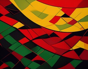 bold abstract banner background of interwoven red green yellow and black shapes forming a geometric pattern representing cultural pride unity and black history month themes