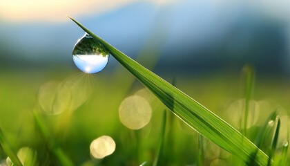 a perfectly round dewdrop sits atop a blade of grass reflecting the lawn beautifully