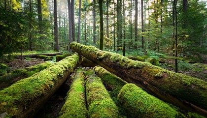 fallen tree logs covered with moss in forest