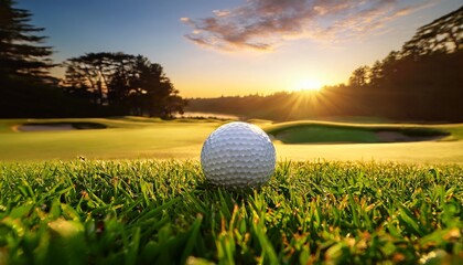 golf ball resting on lush green grass with a picturesque sunrise backdrop