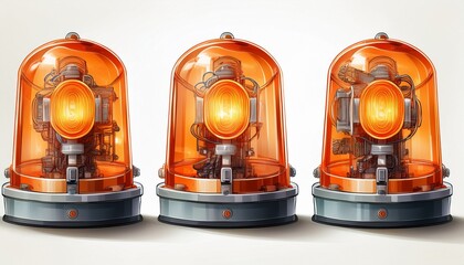 four orange rotating beacon warning lights with internal components visible isolated on white background