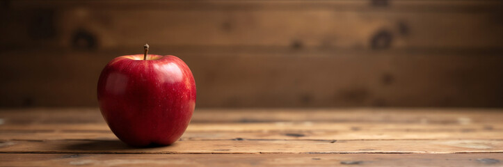 Red Apple on Rustic Wooden Table highlighting the vibrant color and texture of the fruit with copy space