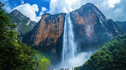 Majestic waterfall cascading down rocky cliffs under a blue sky.