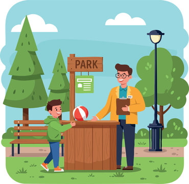 Child and Park Worker Interacting at Outdoor Park Booth with Trees and Benches Vector Illustration 