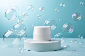 White Skincare Jar on Blue Podium with Soap Bubbles  Clean Beauty Packaging in Fresh, Airy and Minimalist Setting