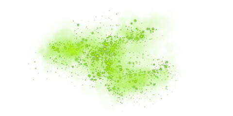 A soft green dust cloud drifts through the air, illuminated by tiny glowing particles.