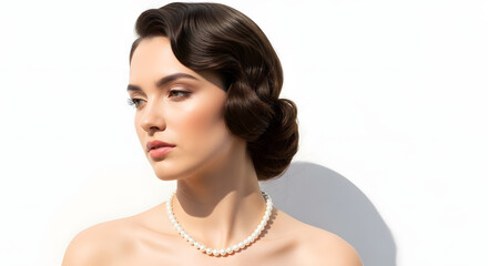 A stunning European model with blonde hair styled in a sleek ponytail, wearing a contemporary geometric gold necklace with bold shapes and smooth surfaces