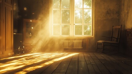 Dusty room with old distressed windows and sun rays. Abandoned grungy interior with lights in the dust.