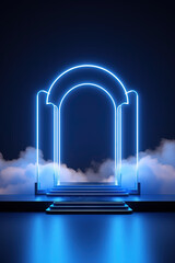 Neon arch in dark blue lights room with clouds. Abstract background for party stage or product display.
