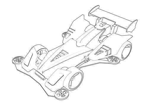 Mini 4WD Race Car Wireframe Illustration: Technical Drawing Line Art of a 4WD Yonku Hobby Race Car Schematic, Monochrome Simple Outline Vector for Engineering, Racing, or Model Car Projects.
