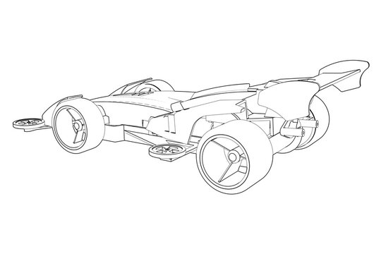 Mini 4WD Race Car Wireframe Illustration: Technical Drawing Line Art of a 4WD Yonku Hobby Race Car Schematic, Monochrome Simple Outline Vector for Engineering, Racing, or Model Car Projects.